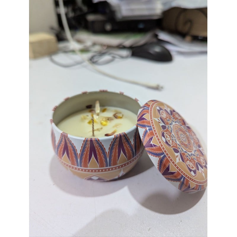 Picture of Premium Lavender Scented Soy Wax Candle in Decorative Mandala Metal Tin Jar with Lid, Long Lasting Aromatherapy for Stress Relief, Relaxation, Home Decor, Meditation, Yoga, and Perfect Gift for Women.-Multicolor
