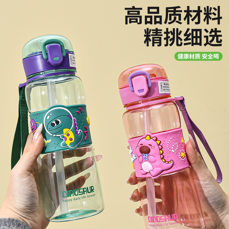 Picture of 600ml Summer Straw Water Cup Cute Cartoon Kids Students Portable Plastic Bottle with Handle Leakproof BPA Free Reusable Drinkware for Boys Girls School Office Outdoor Travel-Multicolor