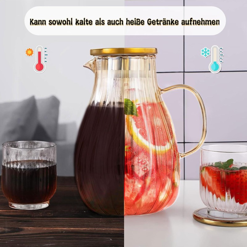 Picture of 1.8L Borosilicate Glass Carafe with Lid and Handle, Elegant Amber Striped Design, Heat-Resistant Water Jug for DIY Drinks, Juice, Tea, Milk, Refrigerator Safe, Easy-Clean Wide Mouth Pitcher-golden-golden