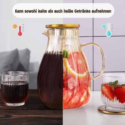 Picture of 1.8L Borosilicate Glass Carafe with Lid and Handle, Elegant Amber Striped Design, Heat-Resistant Water Jug for DIY Drinks, Juice, Tea, Milk, Refrigerator Safe, Easy-Clean Wide Mouth Pitcher-golden-golden