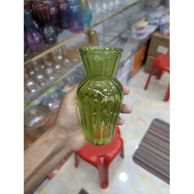 Picture of Elegant Vintage Olive Green Fluted Glass Bud Vase Featuring Scalloped Rim and Vertical Ribbed Texture, Decorative Small Floral Container for Home Decor, Wedding Centerpieces, and Sophisticated Antique Style Handblown Glassware Display.-Multicolor