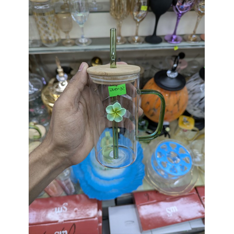 Picture of Borosilicate Square Glass Mug with Green Handle and Bamboo Lid for Iced Coffee Juice Milk Tea and Soda Glass Straw Tumbler with 3D Plumeria Flower Decoration for Stylish Home Gift.-Multicolor
