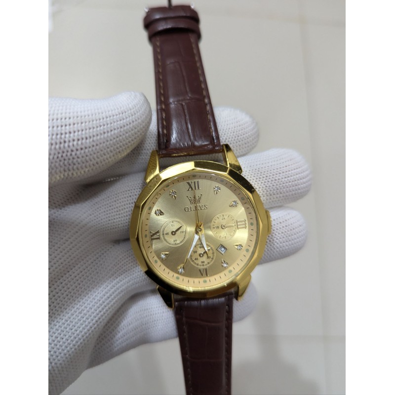Picture of New Men’s Business Watch Gold Case Black Face Design Brown Leather Strap Quartz Analog Movement Water Resistant Construction Three Decorative Dials Calendar Display Premium Quality Men’s Fashion Accessory for Unique Style.-Multicolor