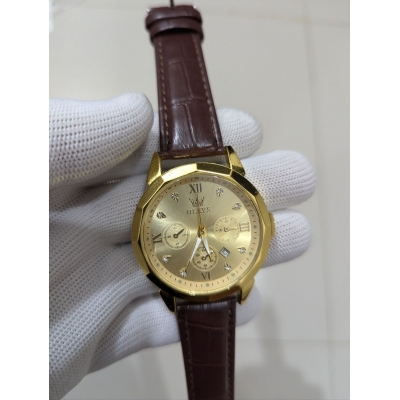Picture of New Men’s Business Watch Gold Case Black Face Design Brown Leather Strap Quartz Analog Movement Water Resistant Construction Three Decorative Dials Calendar Display Premium Quality Men’s Fashion Accessory for Unique Style.-Multicolor