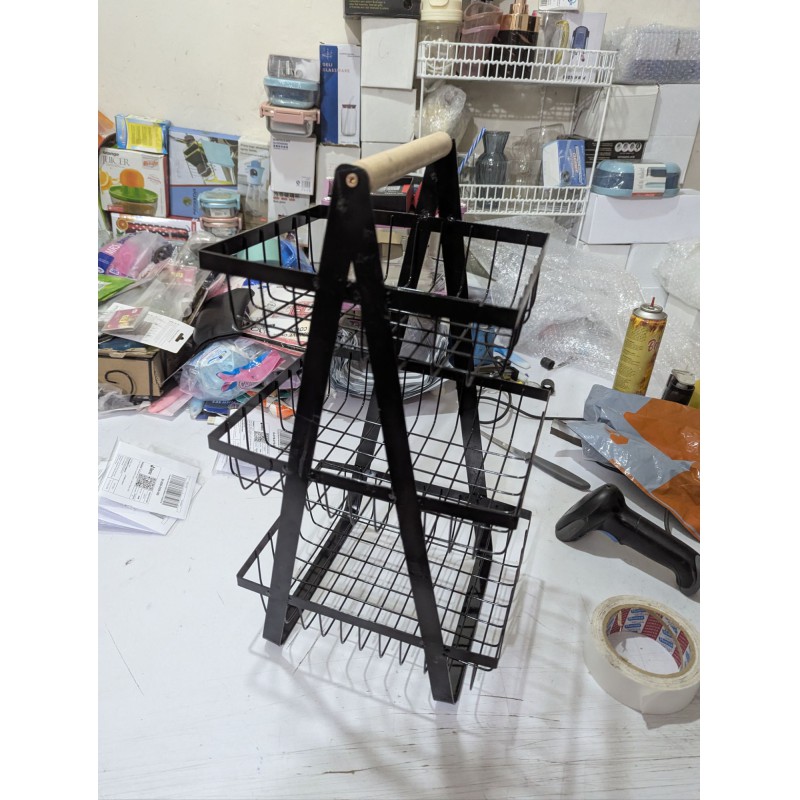 Picture of 3-Tier Black Metal Fruit Basket for Kitchen Countertop Storage with Portable Wooden Handle Sturdy Tiered Vegetable Rack Organizer Stand for Modern Home Pantry Bread Snacks and Fresh Produce Display Solution Black.-Black