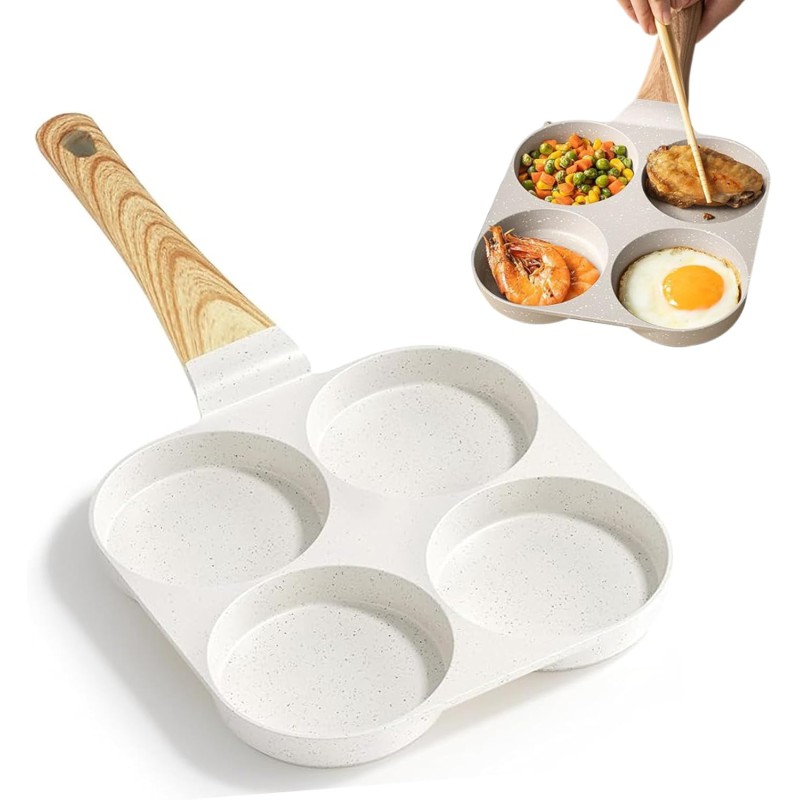 Picture of Multi-functional Non-Stick 4-Slot Egg Pancake Pan with Wooden Handle for Stovetop Cooking Durable Aluminum Divided Breakfast Skillet for Mini Pancakes Burger Patties and Perfect Omelets Ideal for Kitchen RV Dorm Use-Multicolor