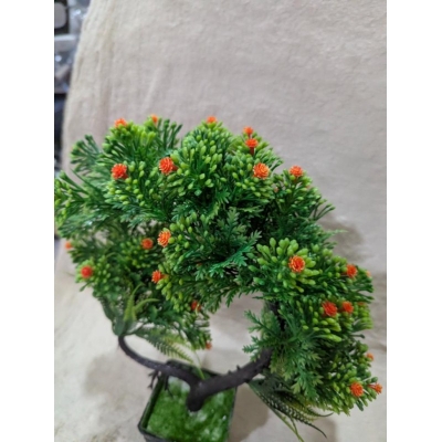 Picture of Artificial Pine Bonsai Tree in Woven Pot with Vibrant Orange Berries for Home Office Desktop and Shelf Decoration-Multicolor