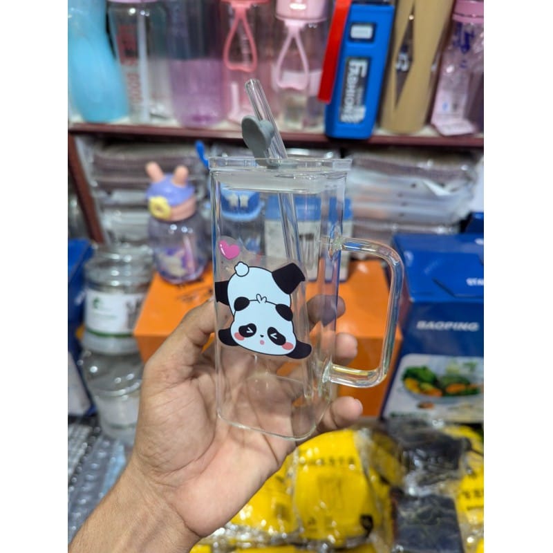 Picture of Cute Panda Dual-Use Glass Mug with Lid and Straw, 300ml High Borosilicate Heat-Resistant Tumbler, Reusable Drinking Cup for Hot & Cold Beverages, Kids & Adults-Multicolor