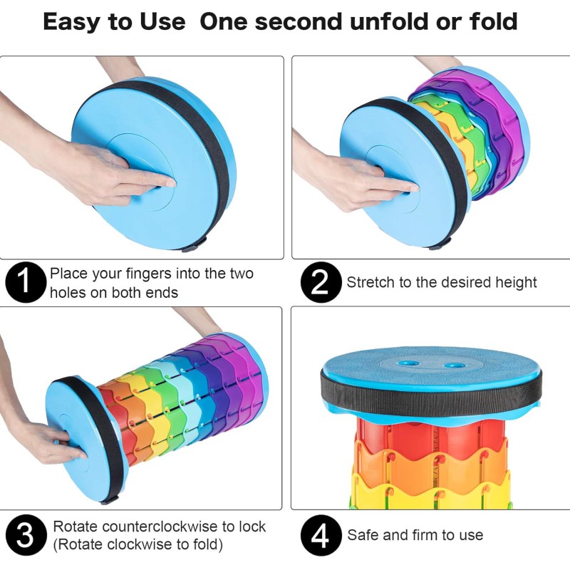 Picture of 1PC Rainbow Folding Stool Adjustable Height Portable Round Plastic Chair Compact and Lightweight Design Perfect for Outdoor Camping Travel Hiking Picnic Fishing BBQ and Home Use-Blue