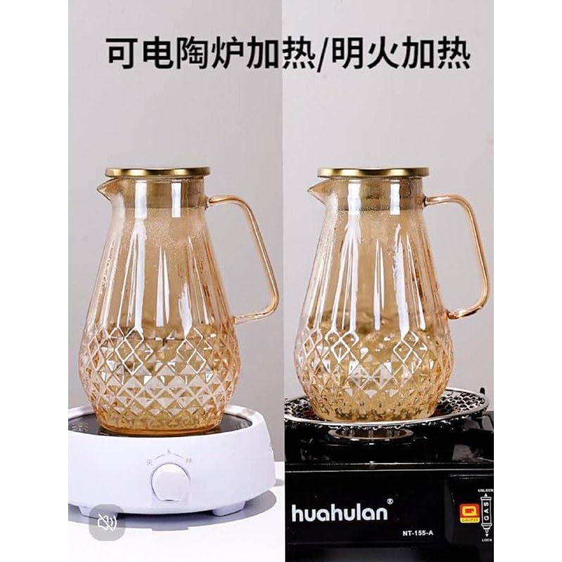 Picture of Borosilicate Glass Teapot with Stainless Steel Lid, Rustic Thick Cold-Hammered Design, Direct Fire Safe Heat-Resistant Glass Kettle and Cold Water Jug, Lightweight 10g Teapot Measuring 20x20 cm-golden-golden