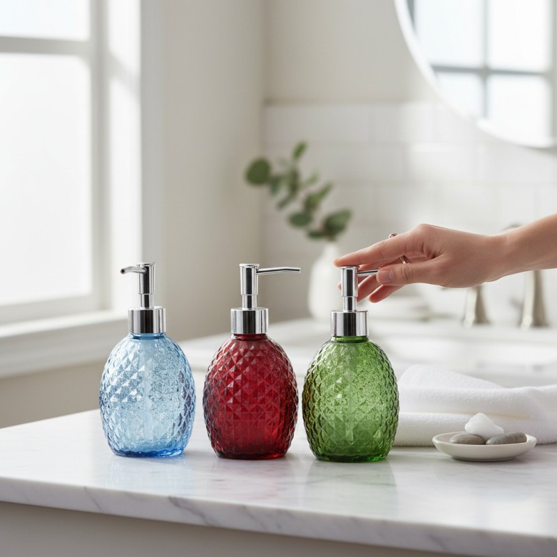 Picture of Elegant glass soap dispenser featuring a distinctive diamond-cut pineapple-textured pattern in multiple colors with a premium pump perfect for enhancing your bathroom vanity decor or modern kitchen sink countertop with style today.-Multicolor
