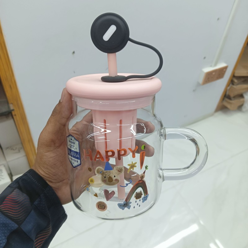 Picture of 1 pcs  Cup with Straw and silicon lid , Cute Printed Design, Food Grade Material, Heat Degree Cup, Separation Tea Filter, Standardization with Handle 950 ml-Multicolor
