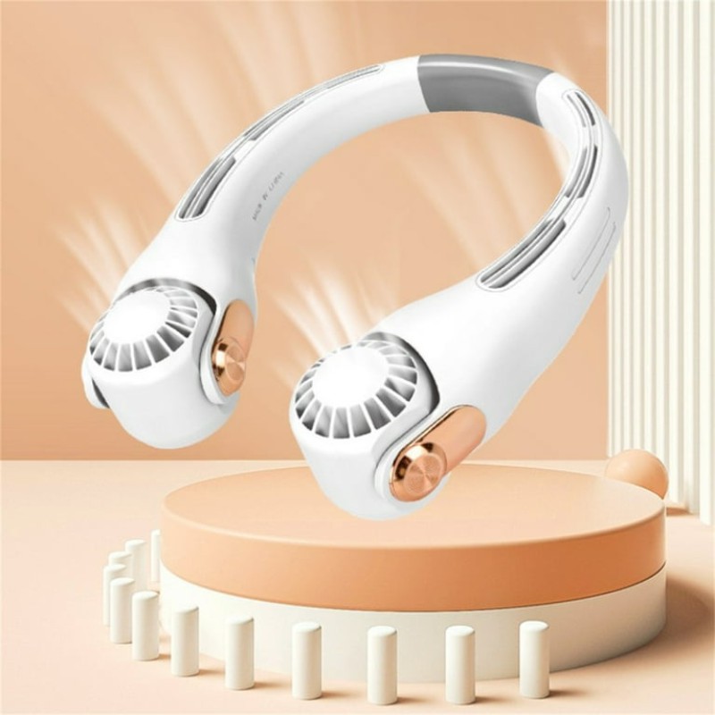 Picture of Portable Bladeless Neck Fan Rechargeable Hands Free Personal Cooling Device with 360 Degree Airflow Quiet Powerful Motor USB Powered Wearable Fan for Outdoor Sports Travel Office Home Use White and Gold.-Multicolor
