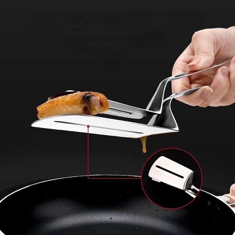 Picture of 1 pcs Stainless Steel Double-Sided Shovel Clip Anti-Scald BBq Barbecue Tong Fried Steak Shovel Fried Fish Shovel Vegetable Clamp Tool-Silver