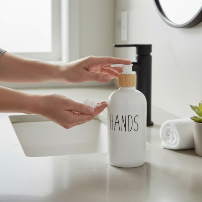 Picture of Premium white glass refillable soap dispenser set for hands and dishes featuring a coordinated kitchen look with durable pumps perfect for enhancing your sink vanity decor with elegant and modern style.-white