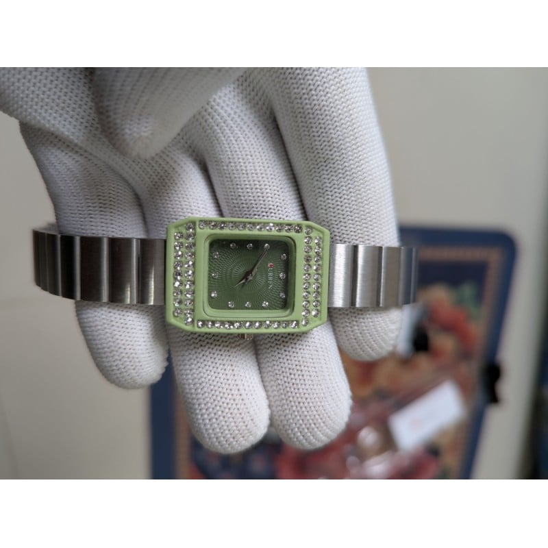 Picture of Luxury Women’s Silver Metal Watch Featuring Lime Green Square Case Rhinestone Crystal Bezel Textured Emerald Green Dial and Premium Stainless Steel Link Bracelet Band for Elegant Fashion Statement and Reliable Timekeeping.-Multicolor