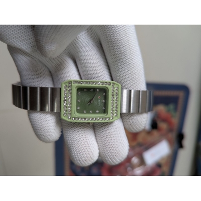 Picture of Luxury Women’s Silver Metal Watch Featuring Lime Green Square Case Rhinestone Crystal Bezel Textured Emerald Green Dial and Premium Stainless Steel Link Bracelet Band for Elegant Fashion Statement and Reliable Timekeeping.-Multicolor