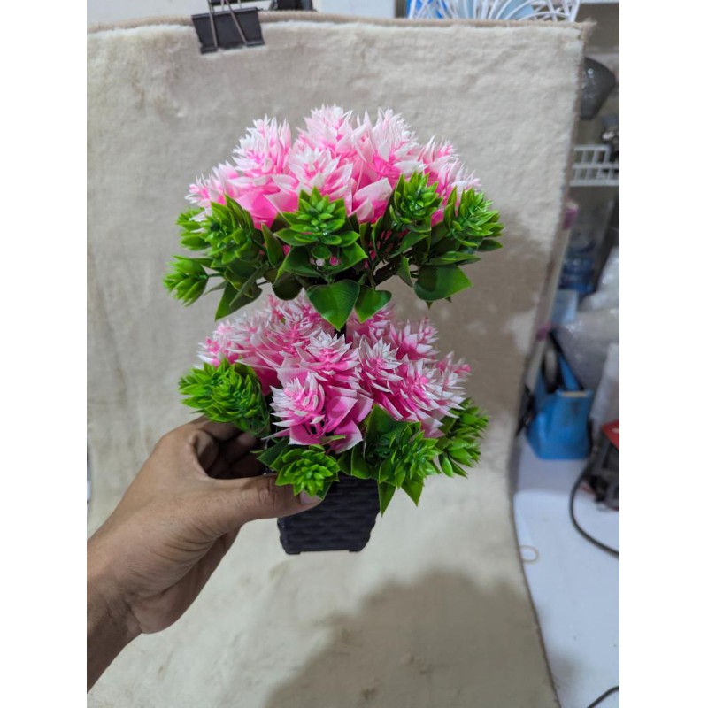 Picture of Premium Two-Headed Pink Artificial Flower Bonsai Plant with Black Pot for Elegant Home and Office Tabletop Decoration-Multicolor