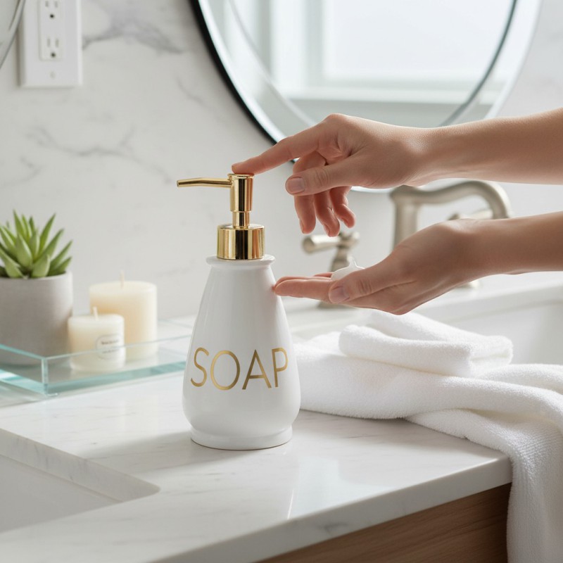 Picture of Luxury white glass liquid soap dispenser featuring a premium gold-colored pump and decorative SOAP gold lettering perfect for enhancing your bathroom vanity decor or modern kitchen sink countertop with elegant style.-white