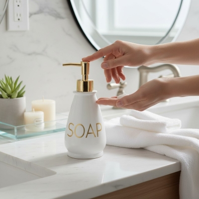 Picture of Luxury white glass liquid soap dispenser featuring a premium gold-colored pump and decorative SOAP gold lettering perfect for enhancing your bathroom vanity decor or modern kitchen sink countertop with elegant style.-white