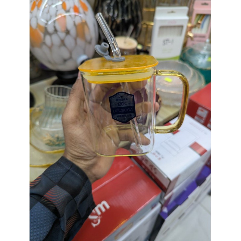 Picture of Premium Delisoga 490ml Borosilicate Square Glass Mug with Lid and Straw, Heat-Resistant Drinking Glass for Iced Coffee, Fresh Juice, Milk, and Smoothies with a Comfortable Stylish Square Handle for Daily Home Use.-Multicolor