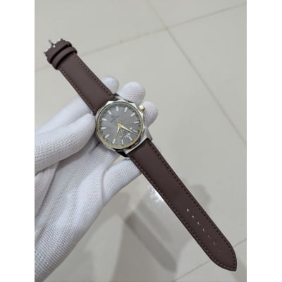 Picture of Premium Men's Watch featuring a Textured Gray Dial and Genuine Brown Leather Strap, designed with Luxury Analog Display, Date Function, Stainless Steel Case, and Elegant Business Casual Style for Modern Gentlemen.-Chocolate