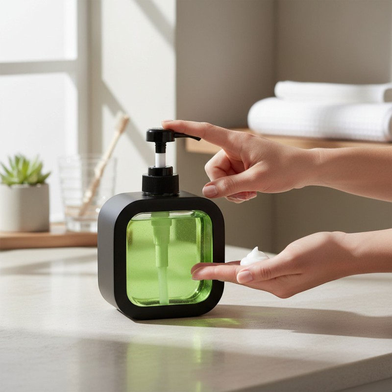 Picture of Modern Black square-shaped plastic soap dispenser featuring a clean exterior shell and a clear internal window for easy liquid level monitoring perfect for enhancing your bathroom vanity or modern kitchen sink decor.-black