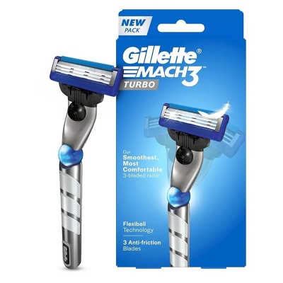 Picture of Gillette Mach 3 Turbo Shaving Razor for Men | Most Comfortable Shave | Flexiball & Dynamic Pivot for Safe Shave | Anti-Friction Blades & Lubricating Strip for smooth shave and sensitive skin