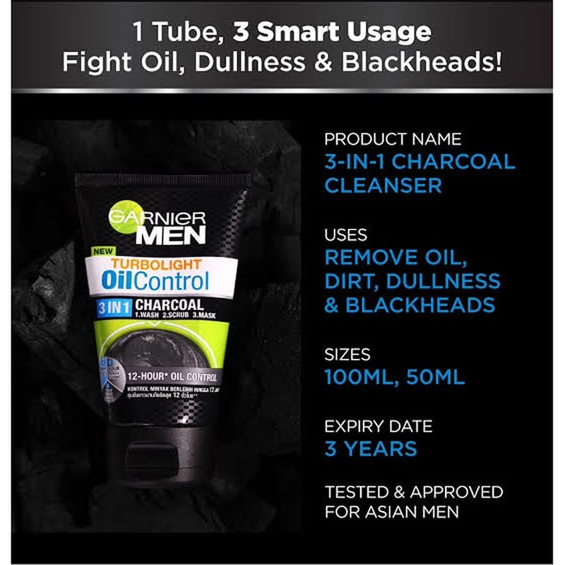 Picture of Garnier Men Turbolight Oil Control 3in1 Charcoal 12-Hour 100gm