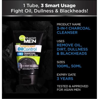 Picture of Garnier Men Turbolight Oil Control 3in1 Charcoal 12-Hour 100gm