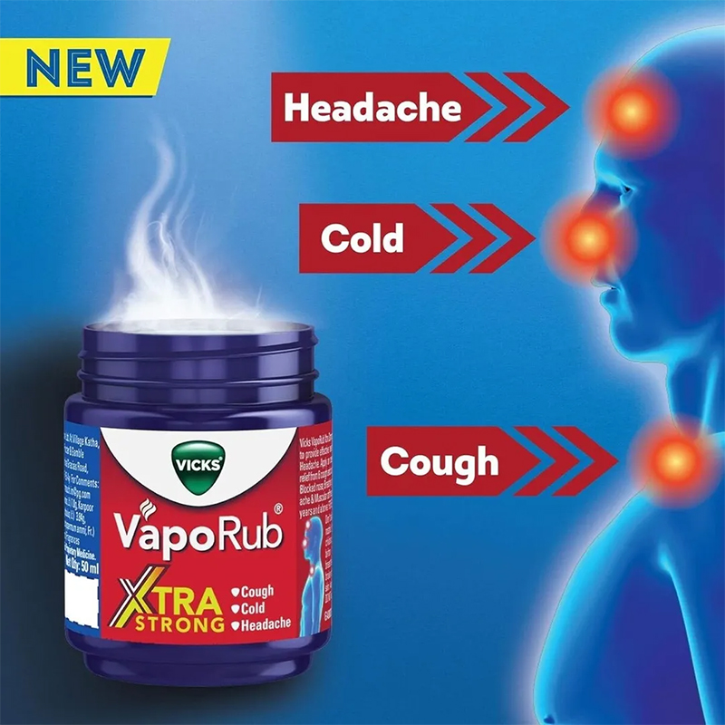 Picture of Vicks Xtra Strong Vaporub Relieves 6 Cold Symptoms (Indian) - 50Ml