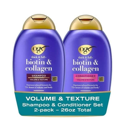 Picture of International Italy Product OGX Thick & Full + Biotin & Collagen Volumizing Shampoo & Conditioner Set, Nutrient-Infused Conditioner with Vitamin B7 Biotin Gives Hair Volume & Body for 72+ Hours Used For Male /female -each - (385+385Ml)