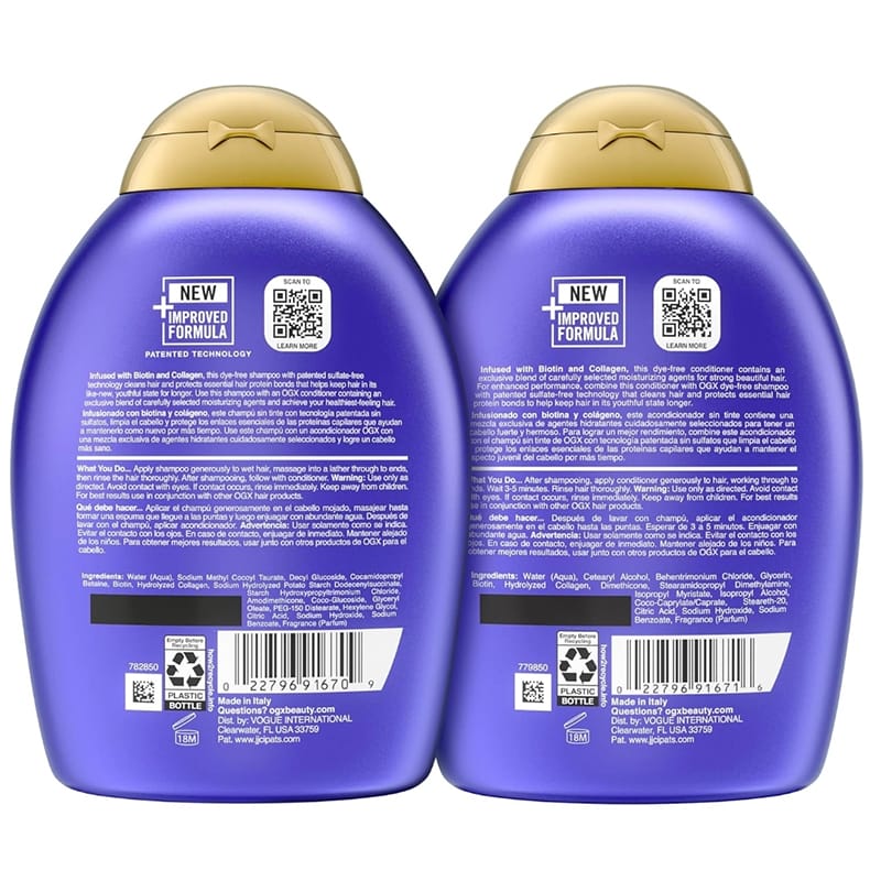 Picture of International Italy Product OGX Thick & Full + Biotin & Collagen Volumizing Shampoo & Conditioner Set, Nutrient-Infused Conditioner with Vitamin B7 Biotin Gives Hair Volume & Body for 72+ Hours Used For Male /female -each - (385+385Ml)