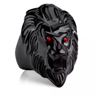 Picture of Red Eyes Lion Head Design Finger Ring Bikers Ring Punk Rock Gothic Animal Theme Finger Ring for Men Boys - Black