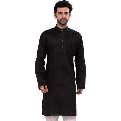 Picture of Semi Long Cotton Panjabi for Men - Black - Black