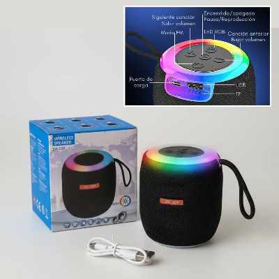 Picture of SH-309 Mini Wireless Mini Handsfree Outdoor Portable Fabric Subwoofer Sound System Speaker with Colorful RGB Night Light - black