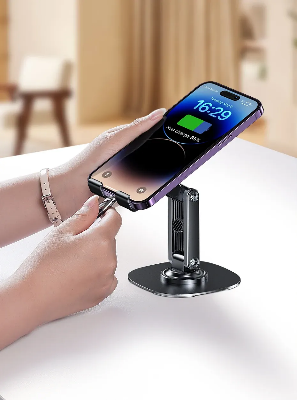 Picture of BY-556 Fully Adjustable Foldable Alloy Desktop Phone Holder Adjustable Angle Height 360 Degree Rotating Cradle Dock Mobile Stand Compatible With All Mobile/Tablet Devices Under - Black