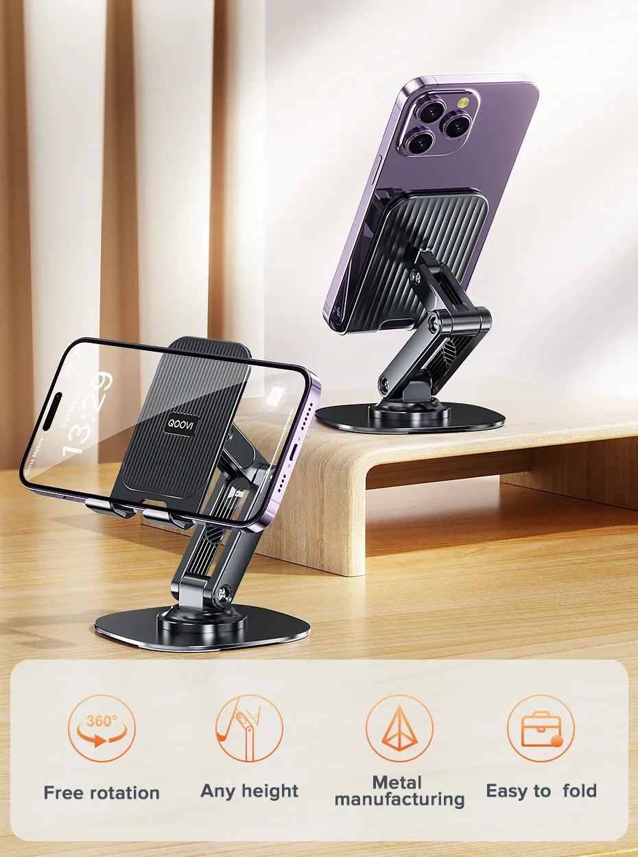 Picture of BY-556 Fully Adjustable Foldable Alloy Desktop Phone Holder Adjustable Angle Height 360 Degree Rotating Cradle Dock Mobile Stand Compatible With All Mobile/Tablet Devices Under - Black