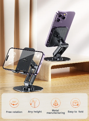 Picture of BY-556 Fully Adjustable Foldable Alloy Desktop Phone Holder Adjustable Angle Height 360 Degree Rotating Cradle Dock Mobile Stand Compatible With All Mobile/Tablet Devices Under - Black