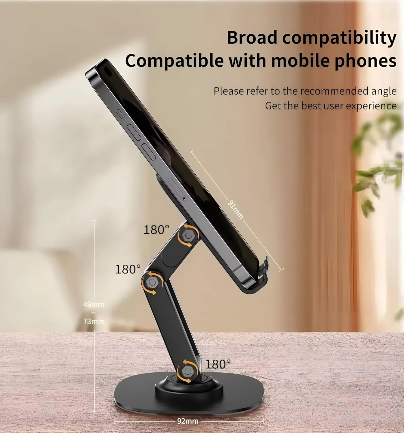 Picture of BY-556 Fully Adjustable Foldable Alloy Desktop Phone Holder Adjustable Angle Height 360 Degree Rotating Cradle Dock Mobile Stand Compatible With All Mobile/Tablet Devices Under - Black