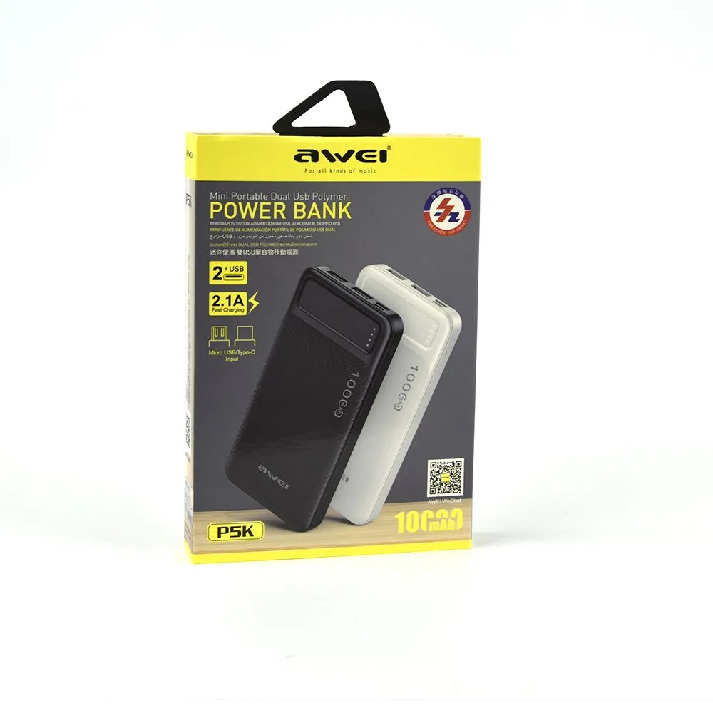 Picture of Awei P5k 10000mAh Portable Power Bank For Work Travel Samsung Huawei Xiaomi Vivo Oppo Mobile Phone Universal Dual USB Fast Charge Power Bank - Black