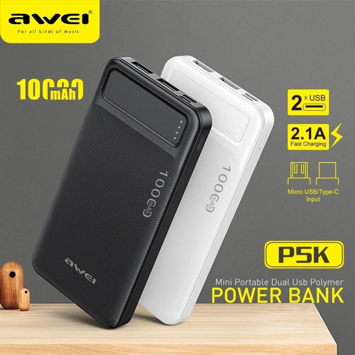 Picture of Awei P5k 10000mAh Portable Power Bank For Work Travel Samsung Huawei Xiaomi Vivo Oppo Mobile Phone Universal Dual USB Fast Charge Power Bank - Black