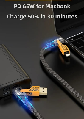 Picture of 4 in 1 Convertible USB Fast Charging Cable 1M, 65W Nylon Braided USB C Charger Cable，Multiple Charge Cable for iPhone 15/14/13/iPad/MacBook Pro/Airpods/Android Phone - black