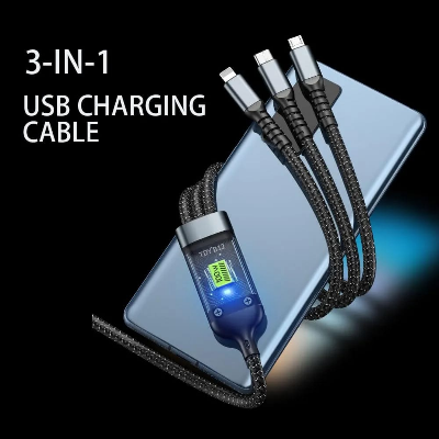 Picture of 100W/6.1A Fast Charging Usb 3.0 Cable 4 Ft / 1.2M To 3-In-1 Long Charging Cord With Type C + Micro Usb + Connector 480 Mbps Data Transfer For Laptop, Tablets, Smartphones (Black) - Black