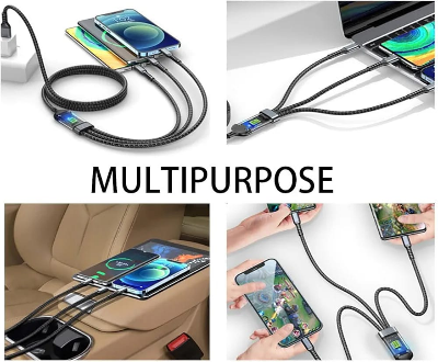Picture of 100W/6.1A Fast Charging Usb 3.0 Cable 4 Ft / 1.2M To 3-In-1 Long Charging Cord With Type C + Micro Usb + Connector 480 Mbps Data Transfer For Laptop, Tablets, Smartphones (Black) - Black