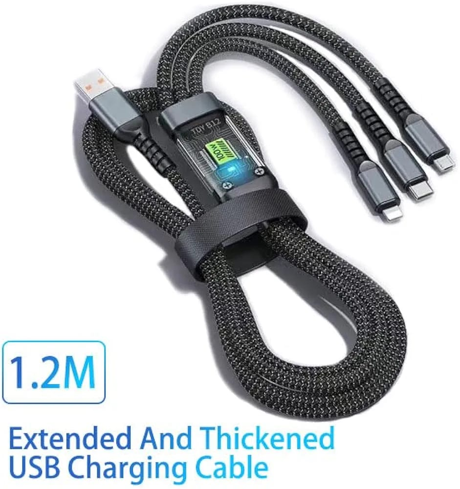 Picture of 100W/6.1A Fast Charging Usb 3.0 Cable 4 Ft / 1.2M To 3-In-1 Long Charging Cord With Type C + Micro Usb + Connector 480 Mbps Data Transfer For Laptop, Tablets, Smartphones (Black) - Black
