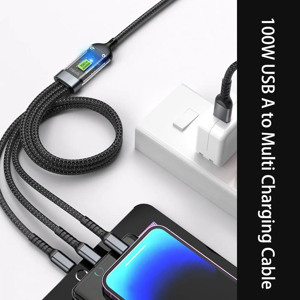 Picture of 100W/6.1A Fast Charging Usb 3.0 Cable 4 Ft / 1.2M To 3-In-1 Long Charging Cord With Type C + Micro Usb + Connector 480 Mbps Data Transfer For Laptop, Tablets, Smartphones (Black) - Black