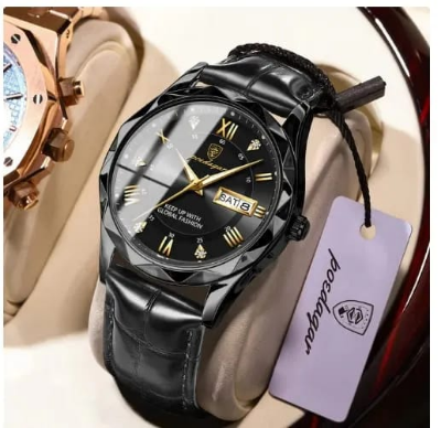 Picture of POEDAGAR Luxury Business Man Wristwatch: Waterproof, Luminous, Date Week Display, Quartz Leather Men's Watch - Black
