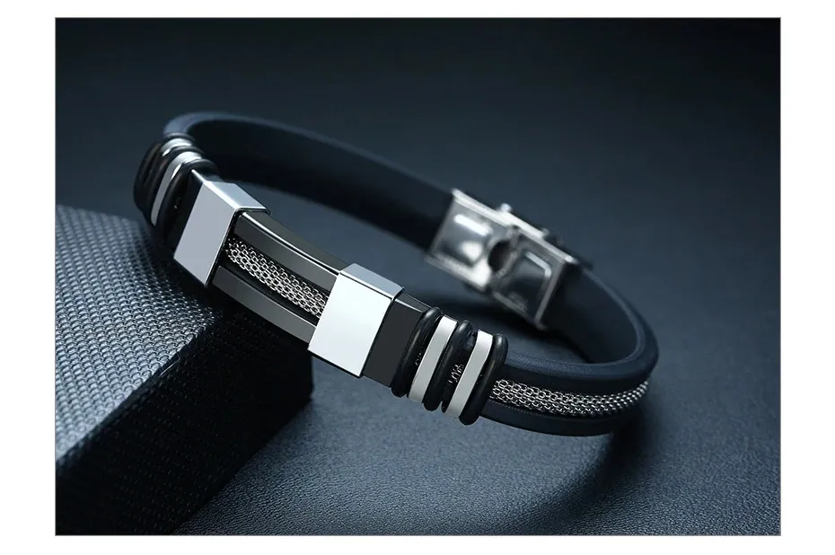 Picture of Stainless Steel Bracelet Men Wrist Band Black Link Punk Wristband Stylish Gift - Black