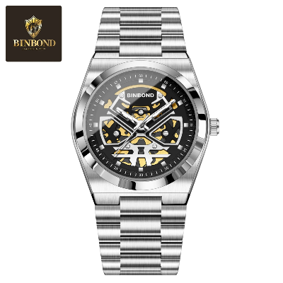 Picture of BINBOND B880 Brand Luxury Man Wristwatch Waterproof Luminous Skeleton Hollow Men Watches Stainless Steel Quartz Men's Watch Male - Black